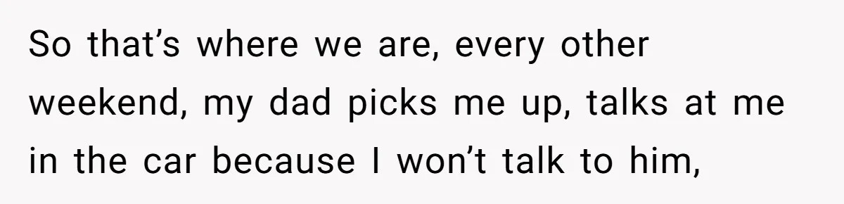 So that’s where we are, every other weekend, my dad picks me up, talks at me in the car because I won’t talk to him,