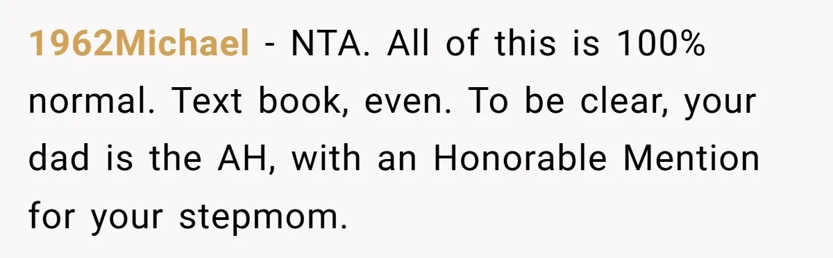 1962Michael − NTA. All of this is 100% normal. Text book, even. To be clear, your dad is the AH, with an Honorable Mention for your stepmom.