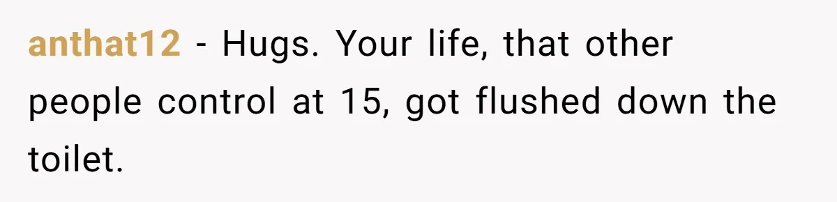 anthat12 − Hugs. Your life, that other people control at 15, got flushed down the toilet.