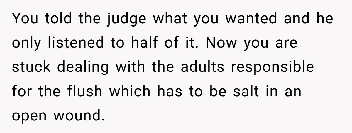 You told the judge what you wanted and he only listened to half of it. Now you are stuck dealing with the adults responsible for the flush which has to...