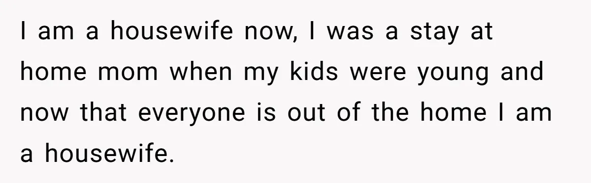 I am a housewife now, I was a stay at home mom when my kids were young and now that everyone is out of the home I am a housewife.