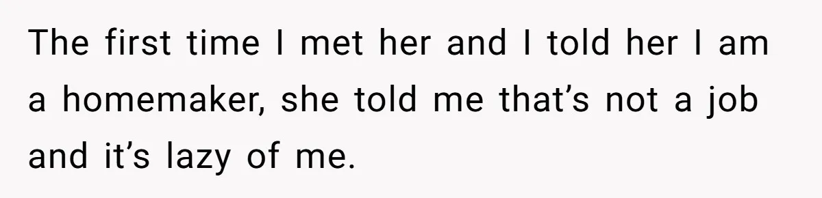 The first time I met her and I told her I am a homemaker, she told me that’s not a job and it’s lazy of me.