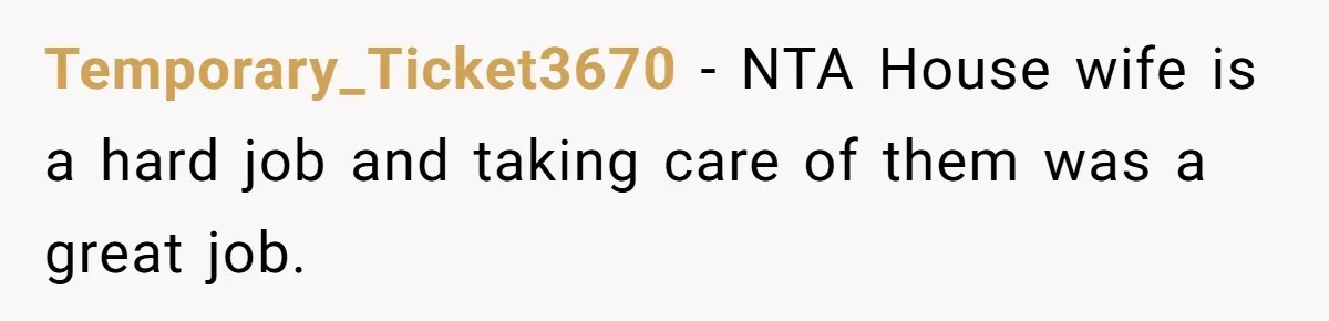 Temporary_Ticket3670 − NTA House wife is a hard job and taking care of them was a great job.