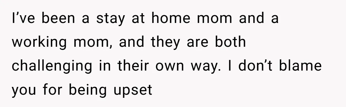 I’ve been a stay at home mom and a working mom, and they are both challenging in their own way. I don’t blame you for being upset