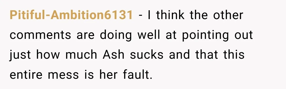 Pitiful-Ambition6131 − I think the other comments are doing well at pointing out just how much Ash sucks and that this entire mess is her fault.