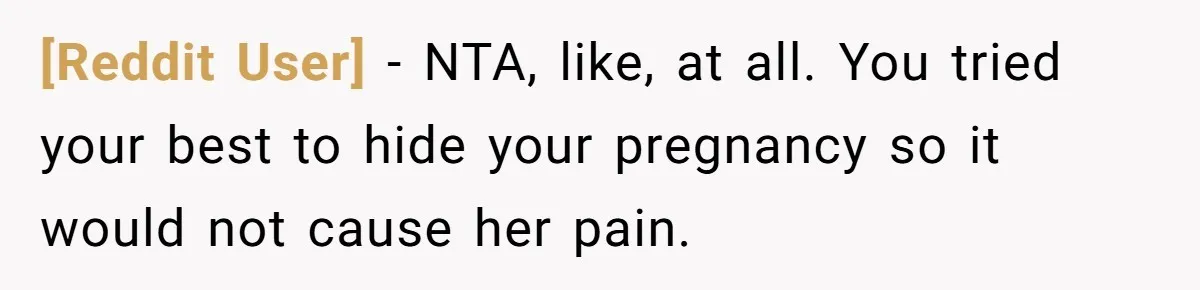 [Reddit User] − NTA, like, at all. You tried your best to hide your pregnancy so it would not cause her pain.