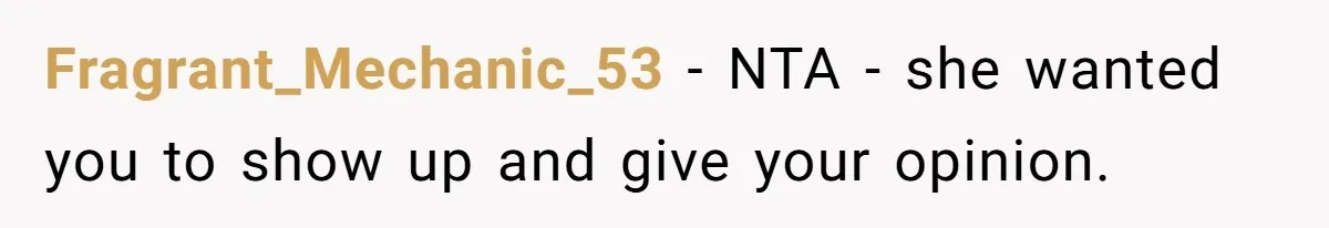 Fragrant_Mechanic_53 − NTA - she wanted you to show up and give your opinion.