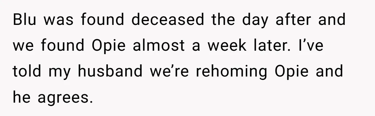 Blu was found deceased the day after and we found Opie almost a week later. I’ve told my husband we’re rehoming Opie and he agrees.