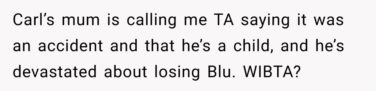 Carl’s mum is calling me TA saying it was an accident and that he’s a child, and he’s devastated about losing Blu. WIBTA?