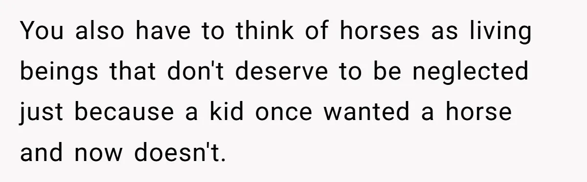 You also have to think of horses as living beings that don't deserve to be neglected just because a kid once wanted a horse and now doesn't.