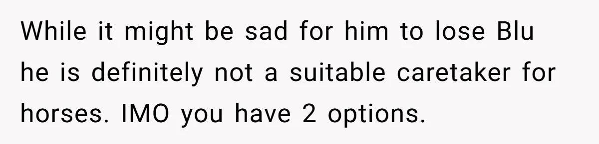 While it might be sad for him to lose Blu he is definitely not a suitable caretaker for horses. IMO you have 2 options.