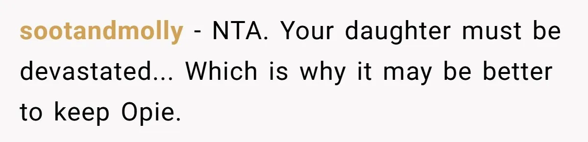 sootandmolly − NTA. Your daughter must be devastated... Which is why it may be better to keep Opie.