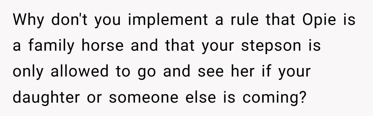 Why don't you implement a rule that Opie is a family horse and that your stepson is only allowed to go and see her if your daughter or someone else...