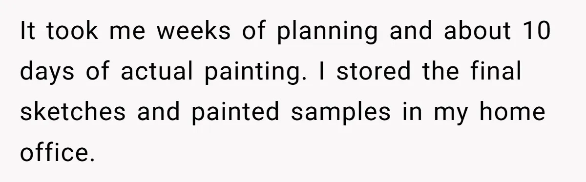 It took me weeks of planning and about 10 days of actual painting. I stored the final sketches and painted samples in my home office.