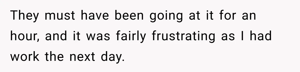 They must have been going at it for an hour, and it was fairly frustrating as I had work the next day.