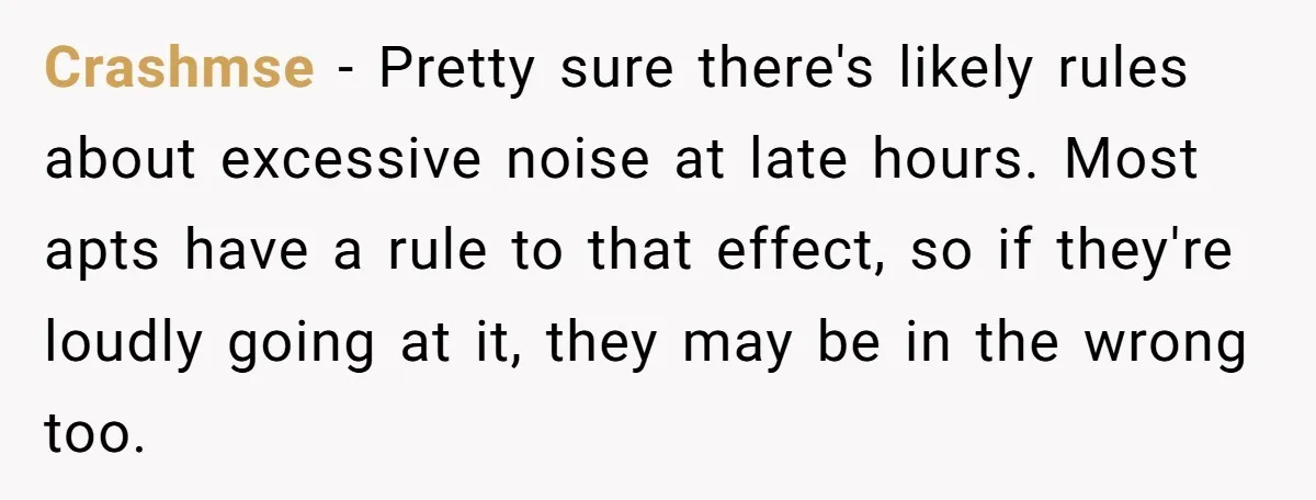 Crashmse − Pretty sure there's likely rules about excessive noise at late hours. Most apts have a rule to that effect, so if they're loudly going at it, they may...