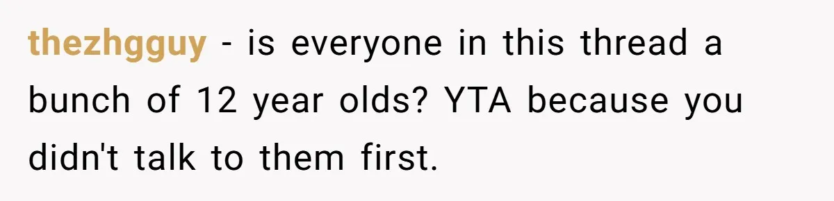 thezhgguy − is everyone in this thread a bunch of 12 year olds? YTA because you didn't talk to them first.