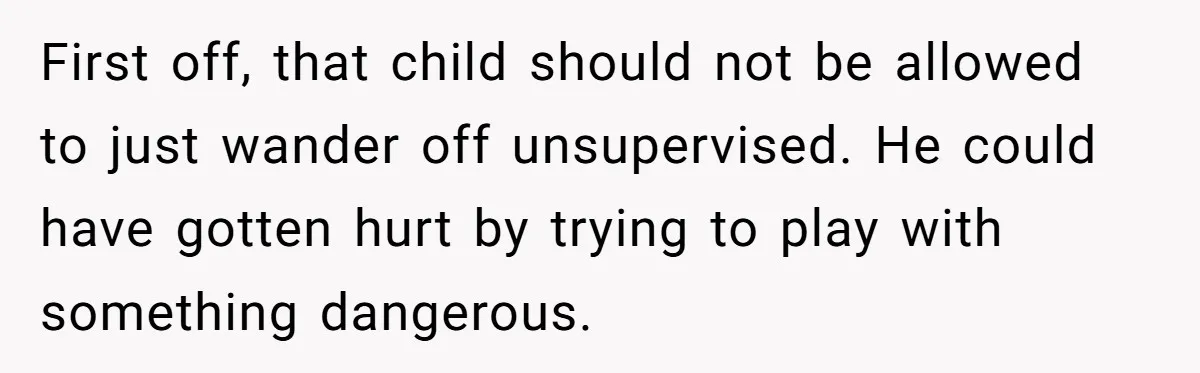 First off, that child should not be allowed to just wander off unsupervised. He could have gotten hurt by trying to play with something dangerous.