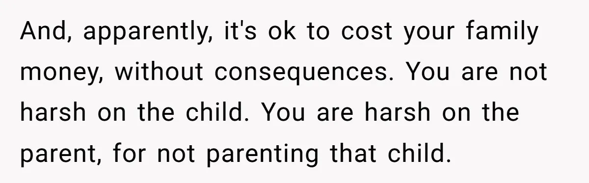 And, apparently, it's ok to cost your family money, without consequences. You are not harsh on the child. You are harsh on the parent, for not parenting that child.