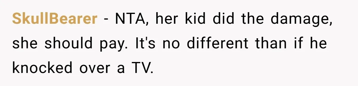SkullBearer − NTA, her kid did the damage, she should pay. It's no different than if he knocked over a TV.