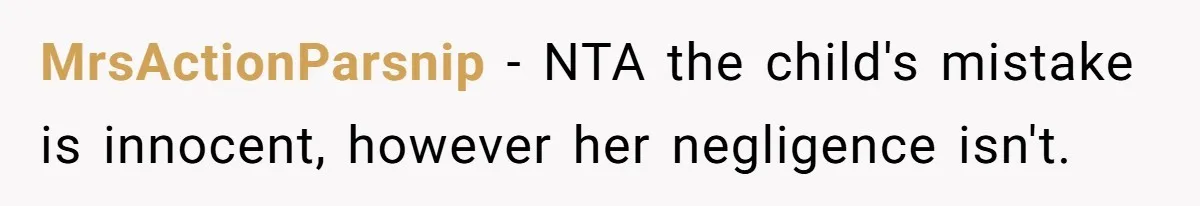 MrsActionParsnip − NTA the child's mistake is innocent, however her negligence isn't.