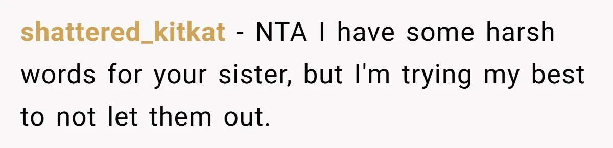shattered_kitkat − NTA I have some harsh words for your sister, but I'm trying my best to not let them out.
