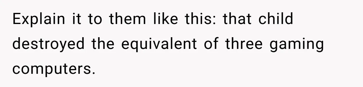 Explain it to them like this: that child destroyed the equivalent of three gaming computers.