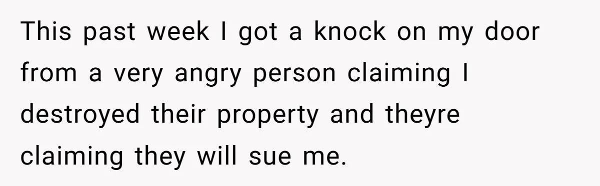 This past week I got a knock on my door from a very angry person claiming I destroyed their property and theyre claiming they will sue me.