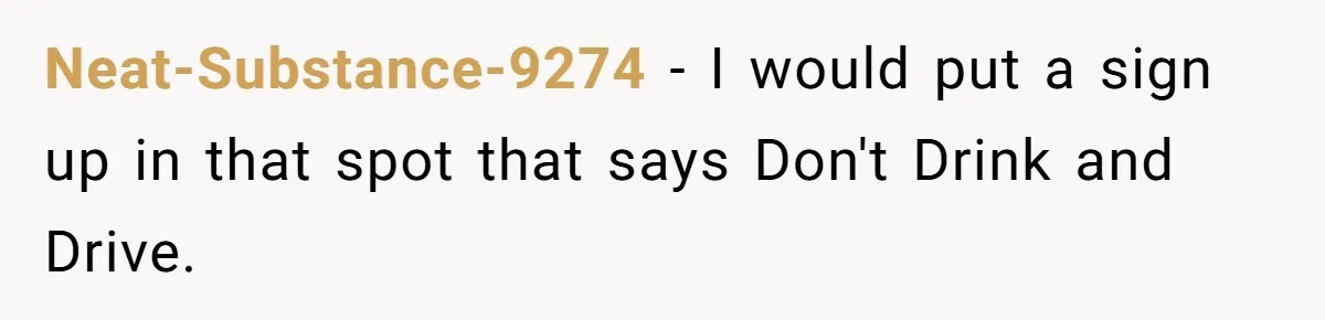 Neat-Substance-9274 − I would put a sign up in that spot that says Don't Drink and Drive.