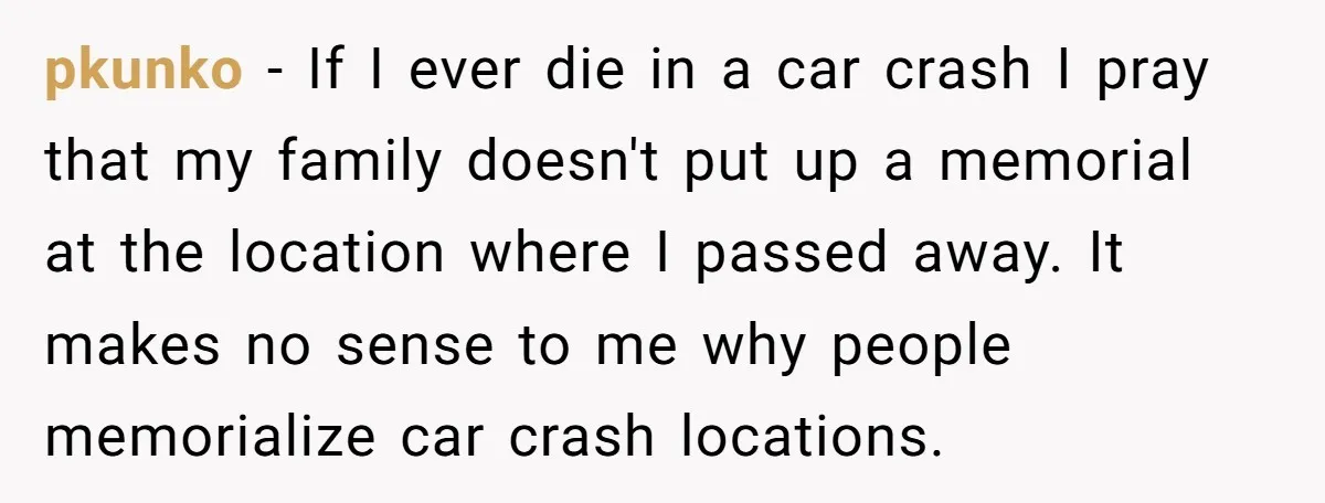 pkunko − If I ever die in a car crash I pray that my family doesn't put up a memorial at the location where I passed away. It makes no...