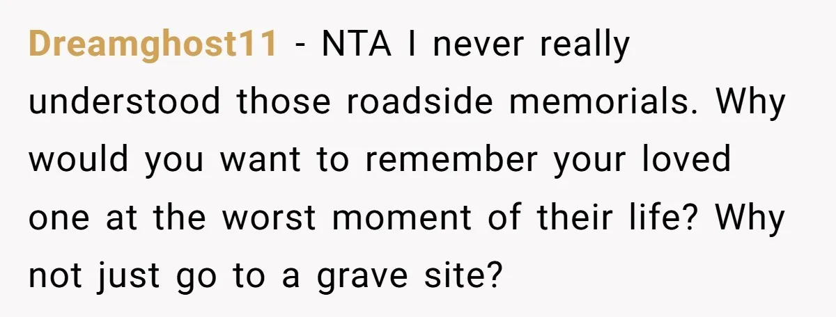 Dreamghost11 − NTA I never really understood those roadside memorials. Why would you want to remember your loved one at the worst moment of their life? Why not just go...