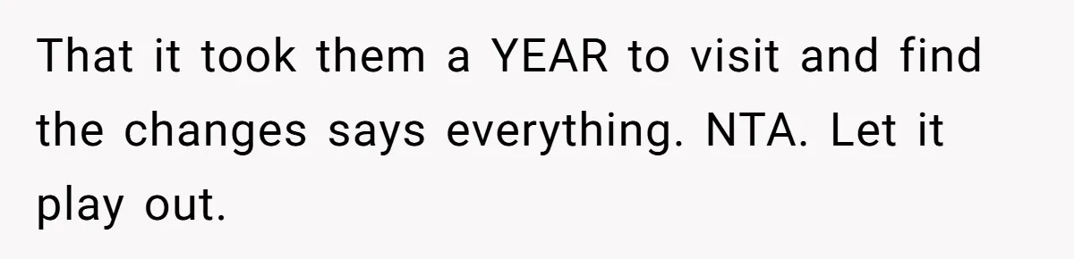 That it took them a YEAR to visit and find the changes says everything. NTA. Let it play out.