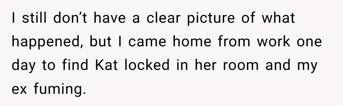 I still don’t have a clear picture of what happened, but I came home from work one day to find Kat locked in her room and my ex fuming.