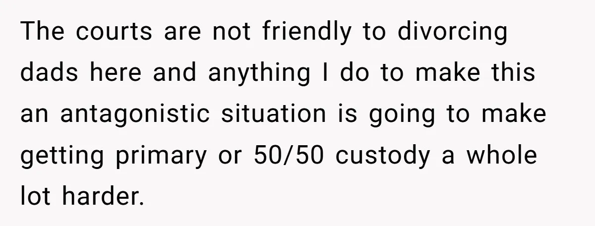 The courts are not friendly to divorcing dads here and anything I do to make this an antagonistic situation is going to make getting primary or 50/50 custody a whole...