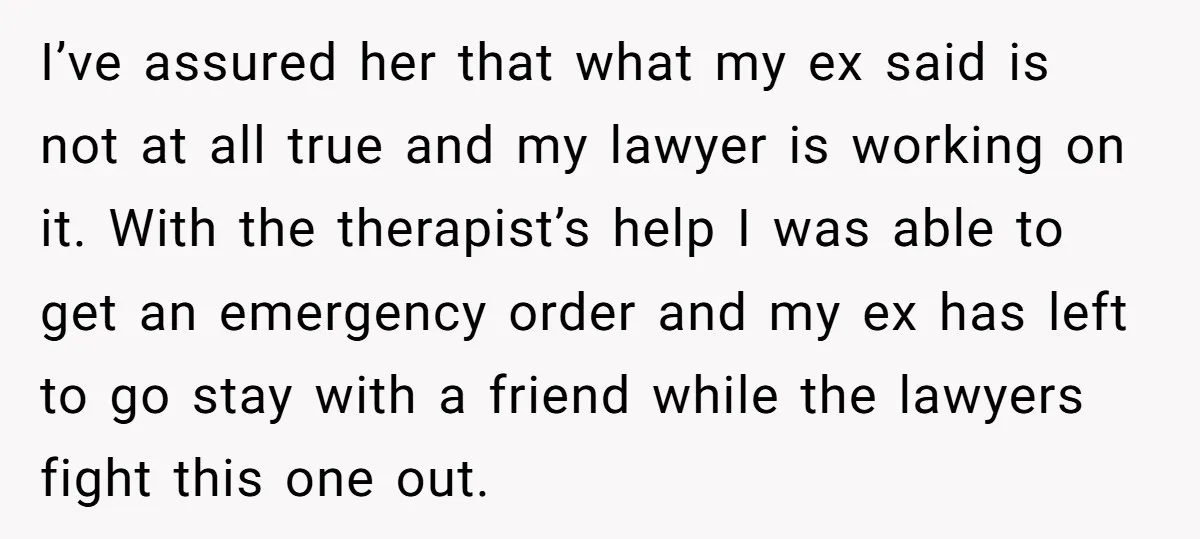 I’ve assured her that what my ex said is not at all true and my lawyer is working on it. With the therapist’s help I was able to get an...