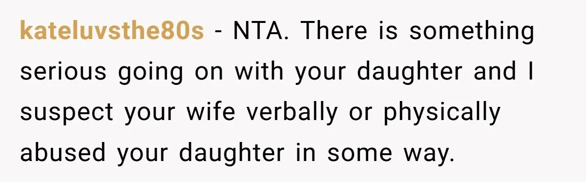 kateluvsthe80s − NTA. There is something serious going on with your daughter and I suspect your wife verbally or physically abused your daughter in some way.