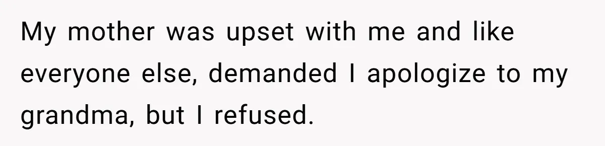 My mother was upset with me and like everyone else, demanded I apologize to my grandma, but I refused.