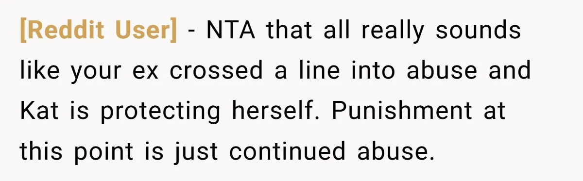 [Reddit User] − NTA that all really sounds like your ex crossed a line into abuse and Kat is protecting herself. Punishment at this point is just continued abuse.