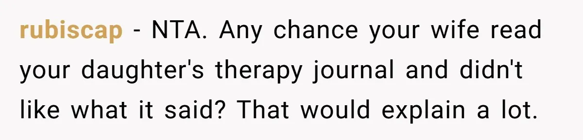 rubiscap − NTA. Any chance your wife read your daughter's therapy journal and didn't like what it said? That would explain a lot.