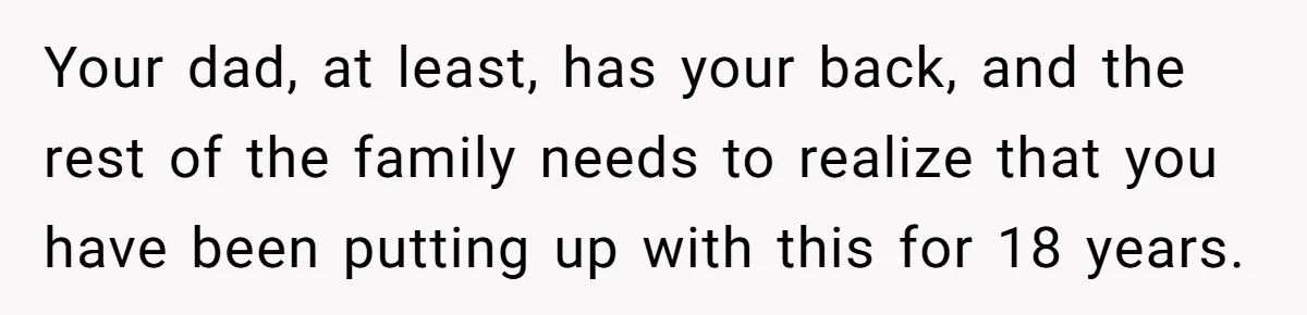 Your dad, at least, has your back, and the rest of the family needs to realize that you have been putting up with this for 18 years.