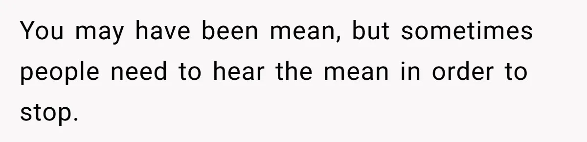 You may have been mean, but sometimes people need to hear the mean in order to stop.