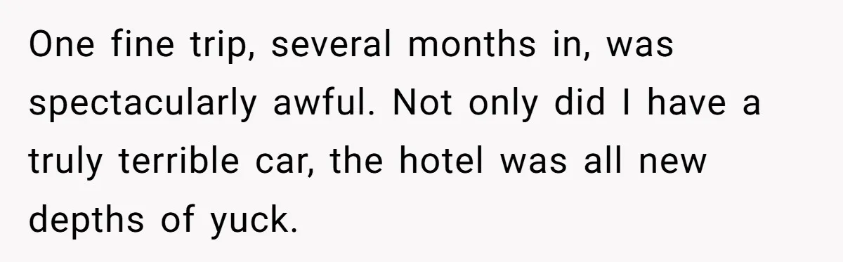 One fine trip, several months in, was spectacularly awful. Not only did I have a truly terrible car, the hotel was all new depths of yuck.