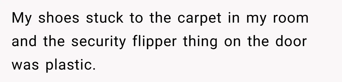 My shoes stuck to the carpet in my room and the security flipper thing on the door was plastic.