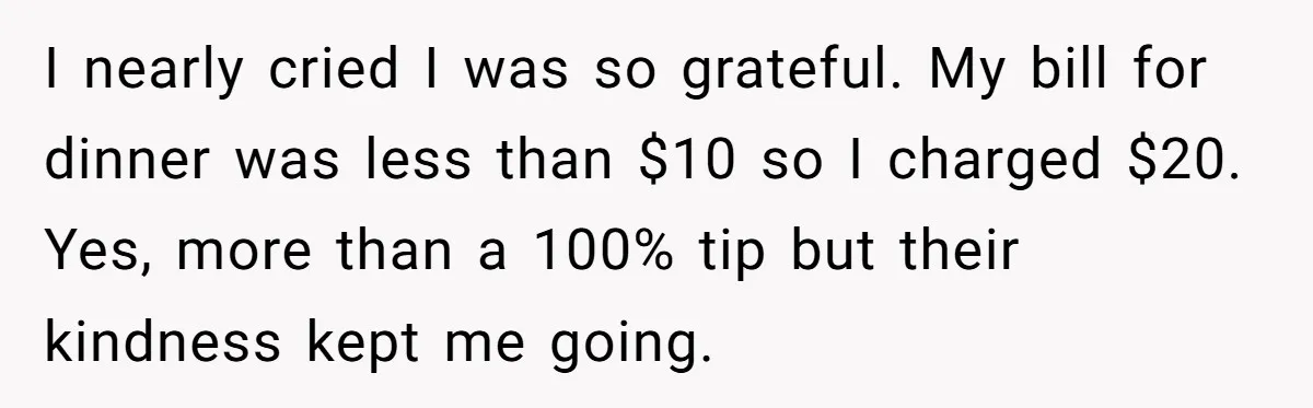 I nearly cried I was so grateful. My bill for dinner was less than $10 so I charged $20. Yes, more than a 100% tip but their kindness kept me...