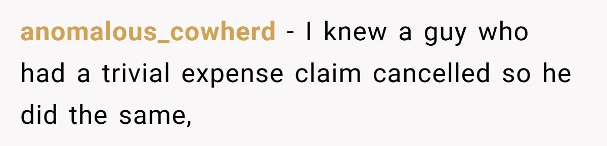 anomalous_cowherd − I knew a guy who had a trivial expense claim cancelled so he did the same,