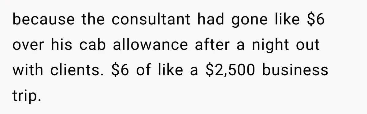 because the consultant had gone like $6 over his cab allowance after a night out with clients. $6 of like a $2,500 business trip.