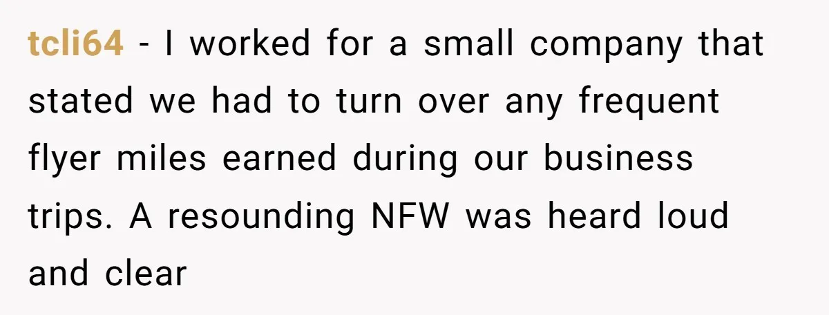 tcli64 − I worked for a small company that stated we had to turn over any frequent flyer miles earned during our business trips. A resounding NFW was heard loud...