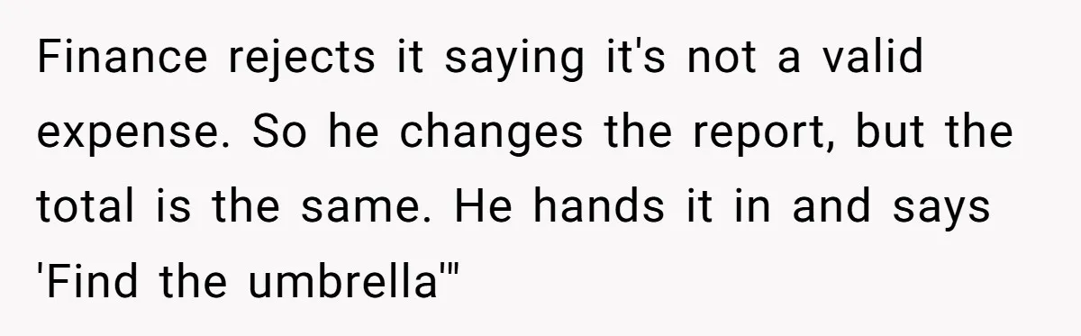 Finance rejects it saying it's not a valid expense. So he changes the report, but the total is the same. He hands it in and says 'Find the umbrella'"