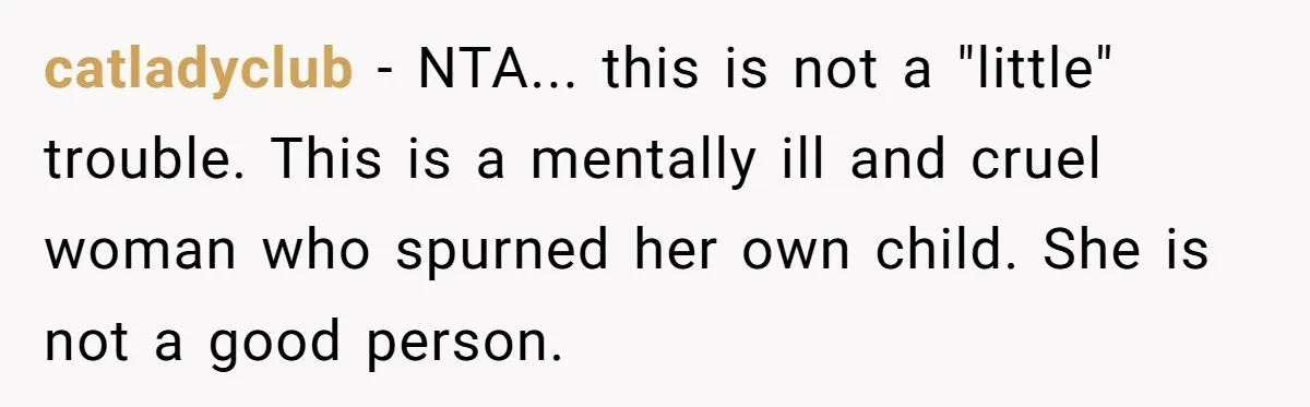 catladyclub − NTA... this is not a "little" trouble. This is a mentally ill and cruel woman who spurned her own child. She is not a good person.