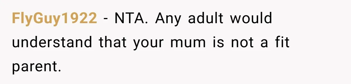 FlyGuy1922 − NTA. Any adult would understand that your mum is not a fit parent.